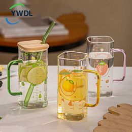 Tumblers 350ml glass straw cup with scale transparent drum lid and iced coffee handle juice milk tea beverage H240506