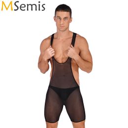 Suits Mens Lingerie SeeThrough Mesh Deep U Neck Bodysuit Wrestling Singlet Jumpsuit Nightwear Nightclub Stage Performance Costume