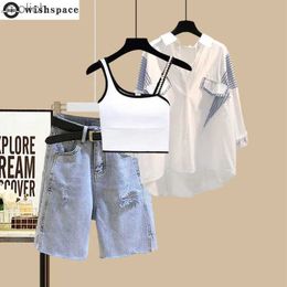 Women's Shorts Summer Set Womens 2024 New Sunscreen Shirt Weight Loss and Slimming Set with Versatile Denim Shorts Three Piece Set WX