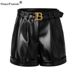 Autumn Collections High Quality PU Leather Black Women Shorts with Belt All-mtach Casual Female Clothing 240426