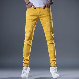 Mens Jeans Colour Y2K Denim Jeans Streetwear Slim Straight Pants Holes Ripped Trousers Yellow Embroidered Jeans 240429