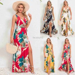 Basic Casual Dresses Designer Dress 2024 Summer Women's New Double V-neck Sleeveless Split Printed Long Strap Dress for Women Plus Size Long skirt