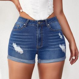 Women's Shorts Slimming Jeans Spring Summer Vintage Fashion Solid Hollow Embroidery Ripped Stretch Hem Denim Pants 2024