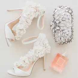 Sandals Ivory Satin Wedding Shoes Floral Embellished Strappy Heeled