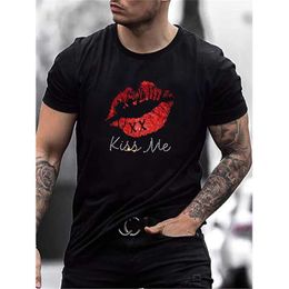 ns High Quality Fashion T-shirt Leisure Club Short sleeved Red Lip Hot Diamond Mens ClothTee Top O-Neck Rhinestone T-shirt Y2K New J240506