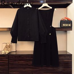 Work Dresses Women Plus Size Office Black Suit Lantern Long Sleeve Shirt Top And Sleeveless Dress Two Piece Set Elegant Outfit Ladies