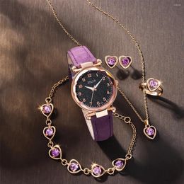 Wristwatches 6PCS Women's Fashion Trend Simple Star Digital Rhinestone Leather Quartz Watch Amethyst Luxury Necklace Bracelet Gift Set