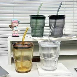 Tumblers 400mL internet celebrity wind vertical stripes Ins coffee glass cover straw water cup beautiful ice American latte milk H240506 CZOV