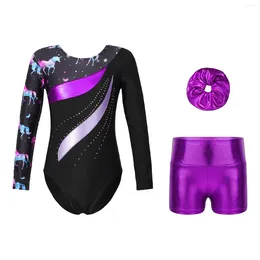 Stage Wear Kids Girls Ballet Dance Sets Print Long Sleeve Gymnastics Leotard With Shorts Hair Scrunchie Unitard Biketards Dancewear