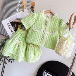 Clothing Sets Children's Wear Summer Girls' Set Baby Xiaoxiangfeng Skirt 2024 V-Neck Short Sleeve Bow Two-Piece
