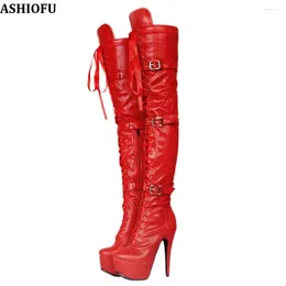Boots ASHIOFU 2024 Handmade Women High Heel Over Knee Buckles-straps Night-club Party Thigh Fashion Winter