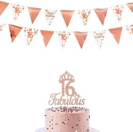 Banner Flags Rose Gold 16th Happy Birthday Banner Bunting Triangle Flag Pennant Garland for 16th Birthday Hanging Decorations Sweet 16 Decor