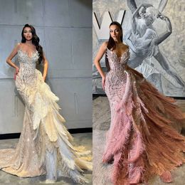 Mermaid Lace Beads Sequin Feathers Prom Dresses Crystal Detachable Train Custom Made Plus Size Glamorous Party Evening Dress Vestido De Noite