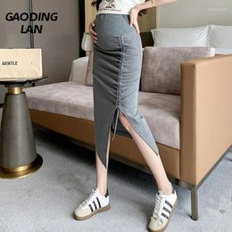 Skirts GAODINGLAN Pregnant Woman Threaded Cotton High Waisted Abdominal Support Large Size Adjustable Waist Slit Maternity Skirt