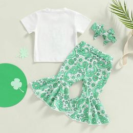 Clothing Sets St Patrick S Day Baby Girl Outfit Toddler Born Short Sleeve T-shirt Shamrock Flare Pants Headband 3Pcs Clothes Set