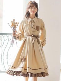 Casual Dresses HOUZHOU Kawaii Preppy Style Dress Long Sleeve Sweet Cute Lolita Mid-Calf Japanese Jk Uniform Vintage Elegant Female Robe