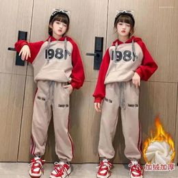 Clothing Sets 2024 Korean Autumn Winter School Girl Thicken Tracksuit Teenager Contrast Hooded Sweatshirts Sweatpants Girls Suit 4-14Yrs