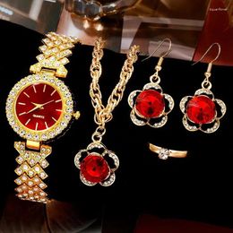 Wristwatches Womens Watches Necklace Ring Earrings Bracelet Set Luxury Diamond Quartz Wristwatch Fashion Simple For Ladies Clock