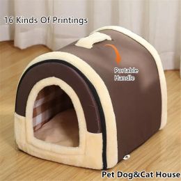 Houses Hanpanda Portable Handle Type House For Cats 16 Kinds Printings Semienclosed 3D Plush Removable&Washable Warm Cat Villa Tent