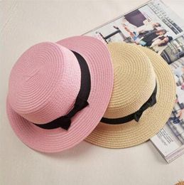 Lady Boater sun hat Ribbon Round Flat Top Straw Fedora Panama Hat summer caps for women straw hat women039s hats gorras6362214
