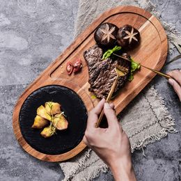 Dishes & Plates Natural Wood Steak Serving With Slate Stone Charcuterie Board Sushi Dessert Plate BBQ Grill Fish Tray 233V