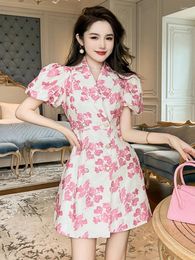 Party Dresses Elegant Sweet Women's Sweetheart Mini Dress For Women Pink Flower Satin Bubble Sleeve Slim Short Gown Girl Professional