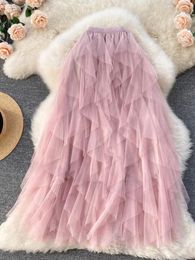 Skirts Women Fashion Mesh Long Skirt High Elastic Waist Irregular Ruffles Maxi 2024 Spring Summer Korean Female Tulle