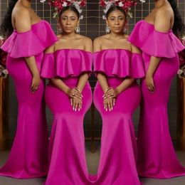 Size Plus Made Bridesmaid Fuchsia Dresses Custom Off The Shoulder Ruched Floor Length Maid Of Honor Gown African Wedding Guest Party Wear 0510