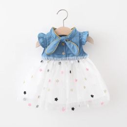 Dresses Girls' Summer New Little Flying Sleeve Dress Children's Cute Bow Denim Splice Gold Plated Mesh Ponchy Skirt