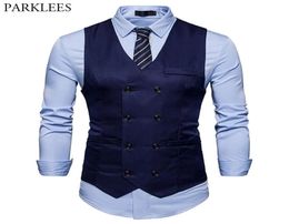 Brand Mens Double Breasted Suit Vest Fashion Slim Fit Sleeveless Waistcoat Men Business Wedding Vests Gilet Costume Homme 2011237916279