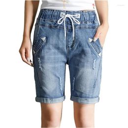 Women's Jeans Women Shorts Pants Summer Lace Up Ripped Boyfriend Elastic Waist Stretchy Wide Leg Cuff Denim