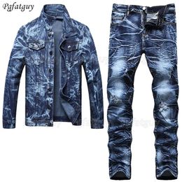 Casual Loose Mens 2pcs Jeans Sets Irregular Tie Dye Long Sleeve Denim Jacket and Hole Ripped Pants Size M-5XL Male Clothing 240419