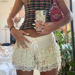 Women's Shorts Combhasaki 2024 Womens Y2K Fairy Kawaii Summer Lace up Shorts High Waist Mini Bow Layered Shorts Sweet Flowers WX