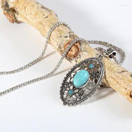 Chains European And American Fashion Personality Hollowed Out Tibetan Silver Large Pendant Court Turquoise Necklace