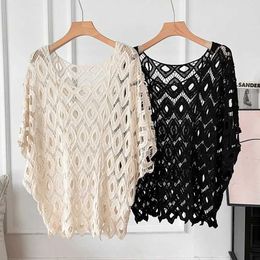 Women Beach Wear Summer crochet hollow lace Western style half sleeved top womens loose versatile cover up sun protection beach shirt Y240504