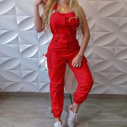 Jumpsuits Women Casual Cargo Playsuit Sleeveless O Neck Jumpsuit With Pocket and Belt Elegant Pencil Pants Loose Overalls 240429