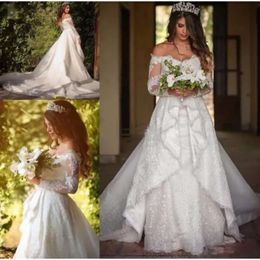 Dresses Wedding Long Bridal Sleeves Gown Lace Applique Off The Shoulder Tiered Sweep Train Plus Size Custom Made Garden Beach Vestido De Novia