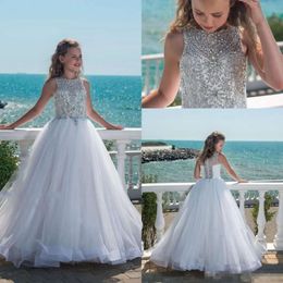 Sparke Blume 2019 Mädchen Perlenkleider ärmellose Juwelenhals Tüll eine Linie Little Girl Prinzessin Festzug Ballkleid