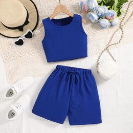 Clothing Sets Fashion For 8-12Ys Kids Two Piece Set Solid Blue Sleeveless Top Shorts Sporty Style Daily Casual Vacation Children's