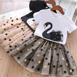 Clothing Sets Summer baby girl clothing set cotton cartoon swan T-shirt+sequin dress 2PCS set childrens fashion princess childrens dress setL2403