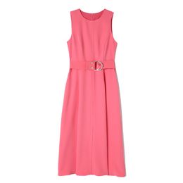 Summer Pink Solid Colour Waist Belted Dress Sleeveless Round Neck Midi Casual Dresses A4A291538