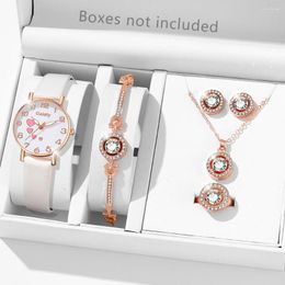 Wristwatches 6PCS/Set Women Watch Quartz Wristwatch Pu Leather Strap With Gold Rhinestone Jewelry Set Gift For Girls