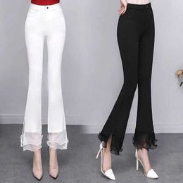 Women's Pants Capris Korean Fashion Women Lace Chiffon Flare Pants Spring Summer Thin Slim Split High Waist Office Lady Elegant Solid Casual Trousers Y240504