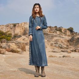 Casual Dresses AYUALIN Long Sleeve Denim Dress For Women Vintage Spring Autumn Loose 2024 O-neck Maxi Vestidos