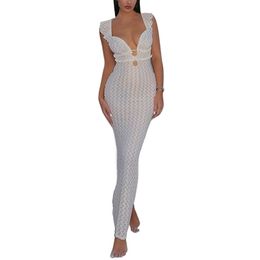 Women Casual Dresses Sexy V-Neck Knitted Hollow Out Long Beach Maxi Dress Sleeveless Backless Bodycon Dresses