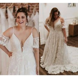 Denizkızı düğün boyutu elbiseler artı gelin elbisesi dantel aplike spagetti kayışları kısa kollu özel yapım boncuklu vestidos de novia