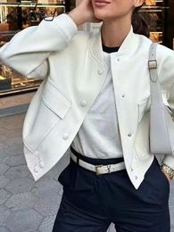 Women's Jackets MiuKoMiYa Short Loose Bomber Jacket For Women Coat Autumn 2024 Solid Big Pockets Stand Collar White Coats And