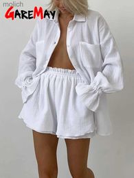 Women's Shorts White womens summer suit 100% cotton loose shirt casual two-piece set womens long sleeved top womens plain set WX