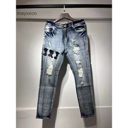 Purple Jean Amiiris Designer dżinsy męskie męskie męskie z łatami dziury Trendy elastyczne szczupłe legginsy wszechstronne spodnie Bu00