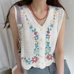 Women's Tanks Flowers Embroidery Sweater Vest Women Summer French Sweet Crochet Sleeveless V Neck Short Knitted Waistcoat Female Tops K205